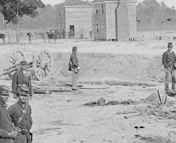 This image depicts several soldiers stationed on the Seven Pines Battlefield.